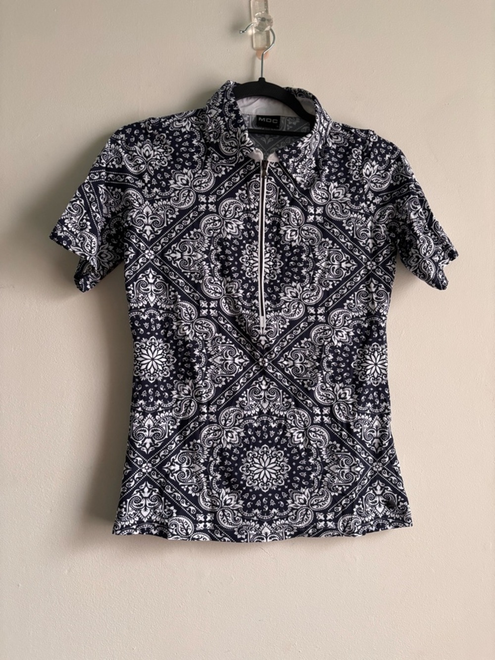 DC Navy & White Short-Sleeve Zip Polo with Medallion Print
